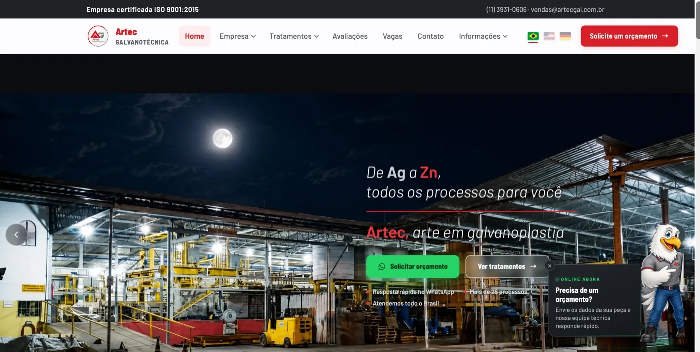 Página da Artec Galvanotécnica desenvolvida pela Engrenza
